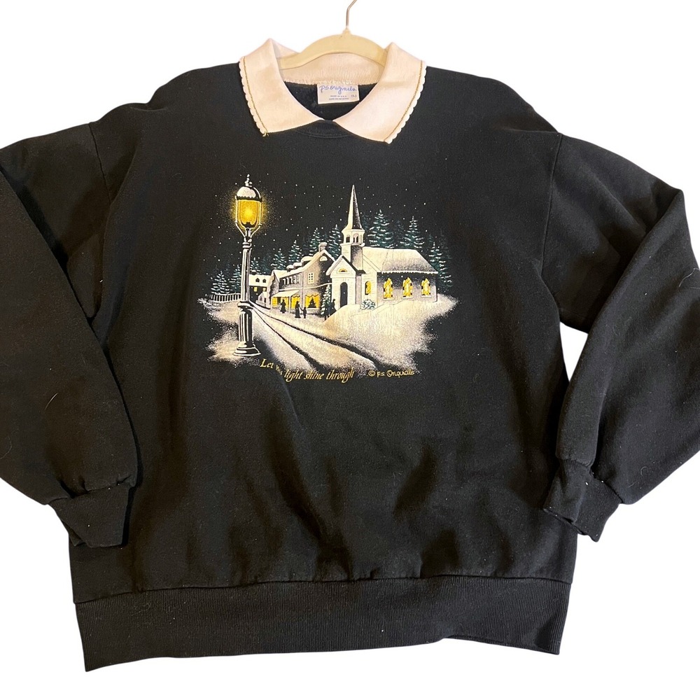 Vintage Christmas Village Sweatshirt Scalloped Collared Winter Grannycore Large